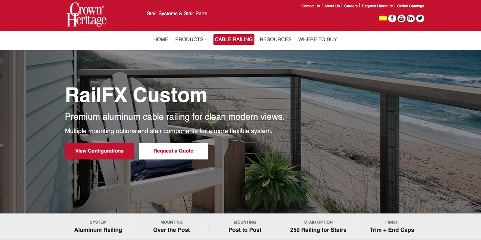 Crown Heritage Stairs website pages after redesign, showing product and cable railing presentation