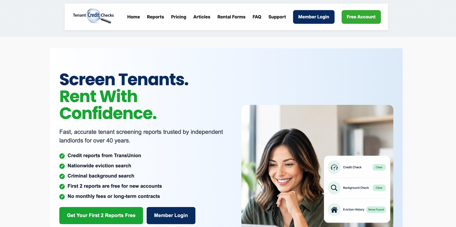 TenantCreditChecks.com website pages after redesign, showing the landing page and plan presentation