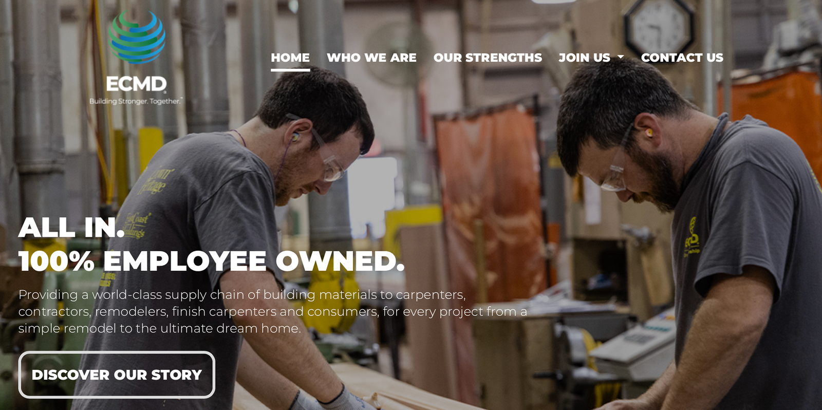 ECMD website homepage after redesign, showing the building-products brand's new hero section