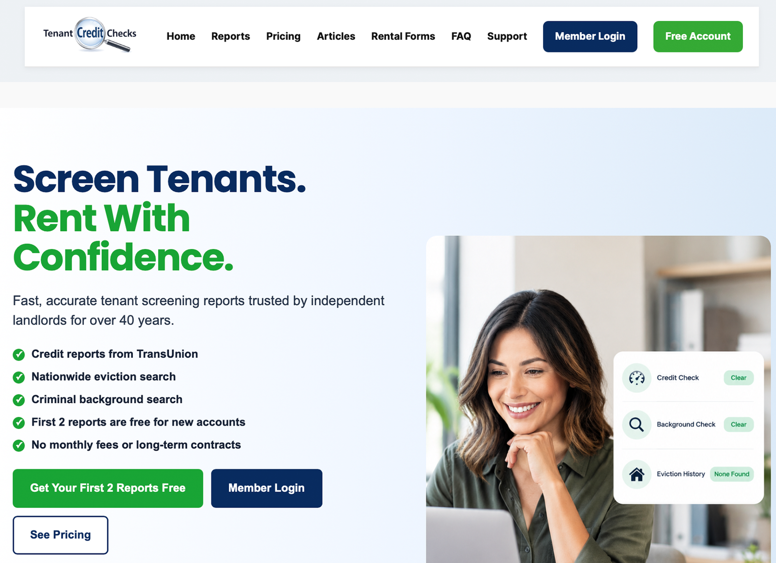 Pages from the TenantCreditChecks.com website redesign showing the landing page and plan presentation